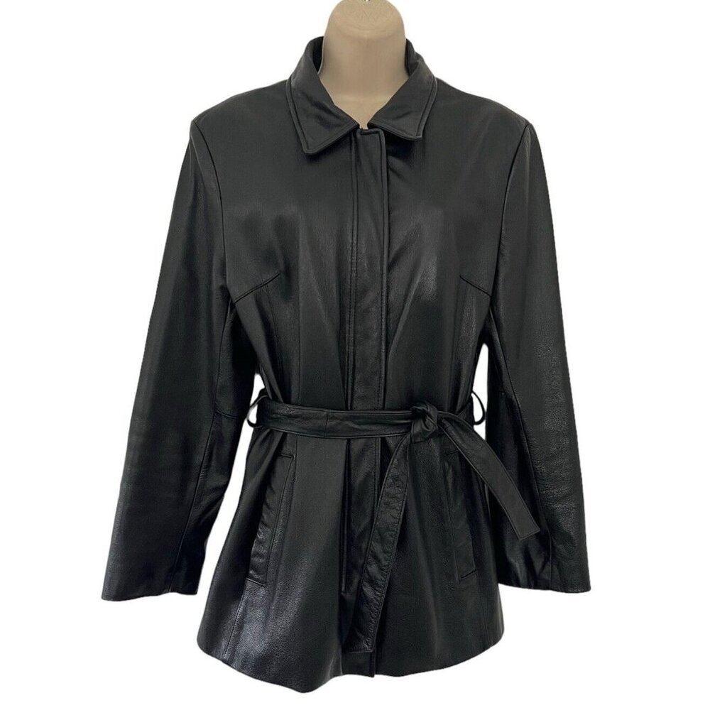 VTG Wilsons Leather Women’s Sz M Black Belted Trench Coat Jacket Vintage